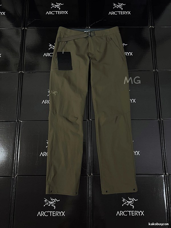 Arc'teryx Olive Technical Straight Pants with clean outdoor profile and subtle performance logo