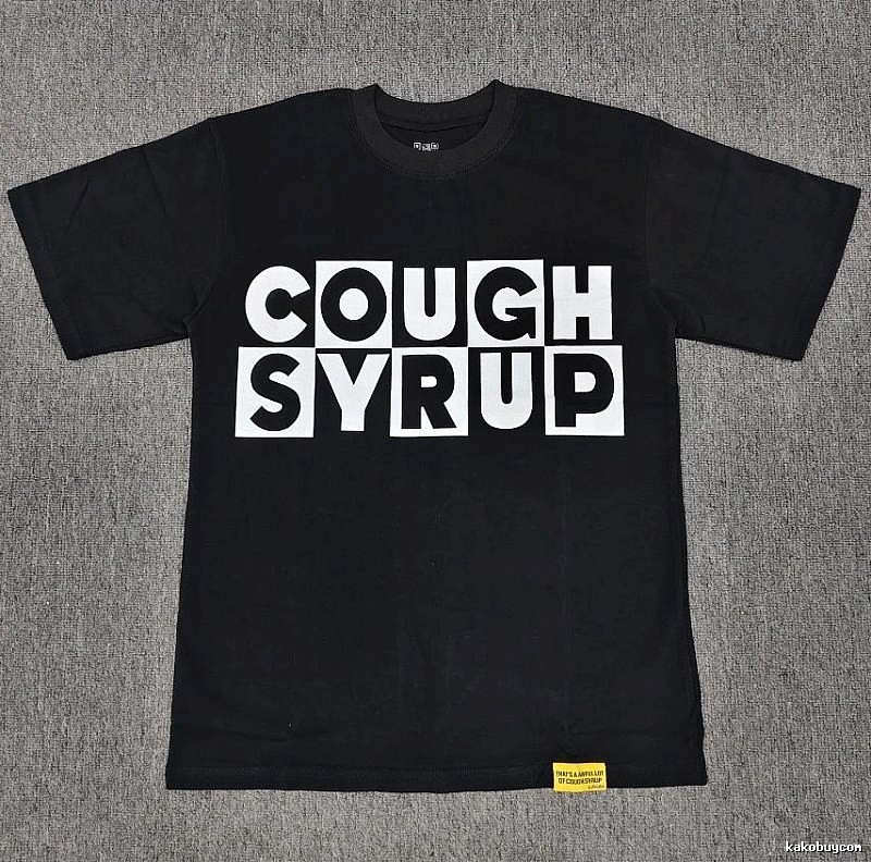 Black street-style short-sleeve T-shirt with COUGH SYRUP print