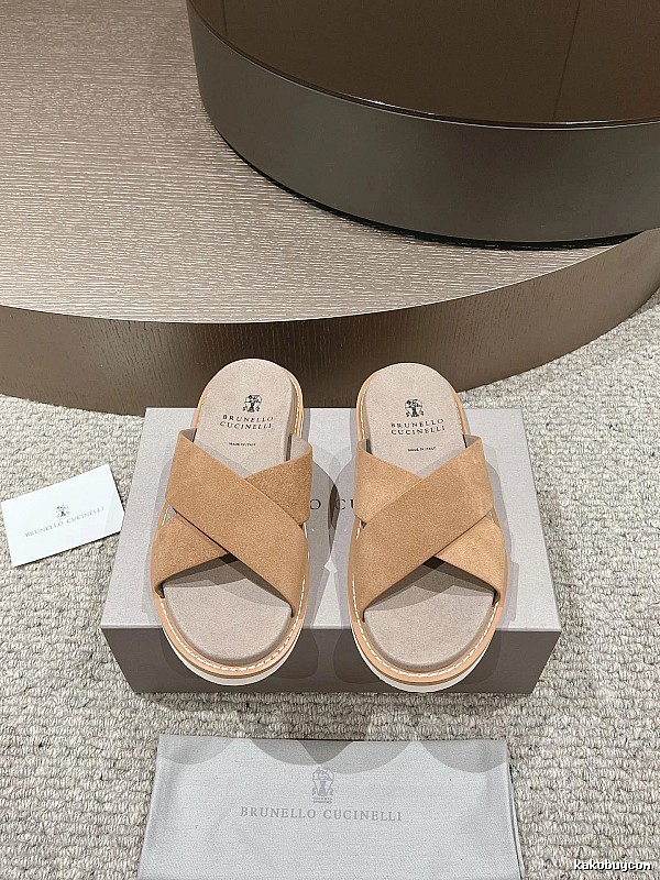 Brunello Cucinelli Casual-style Camel Cross-strap Slide Sandals