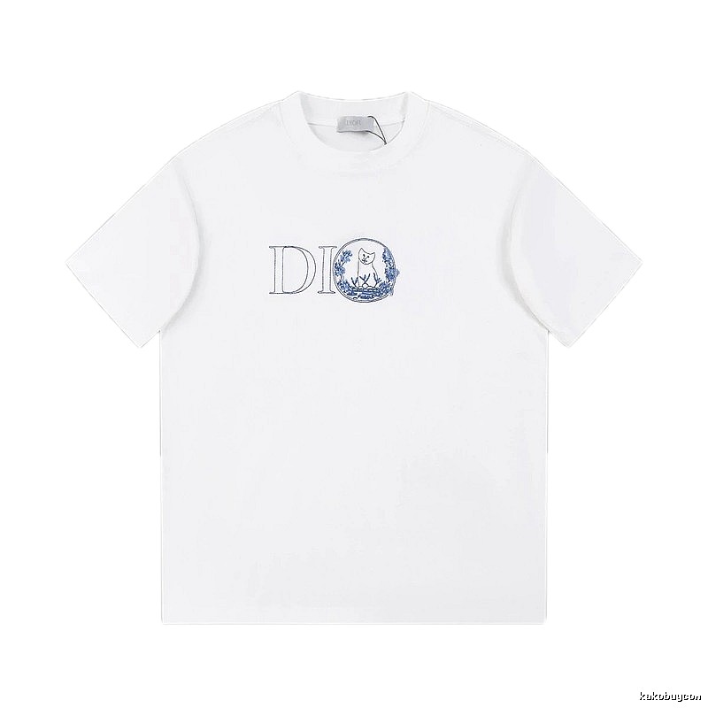 Dior Cat-Embroidered Light Luxury Style White Short-sleeve T-shirt