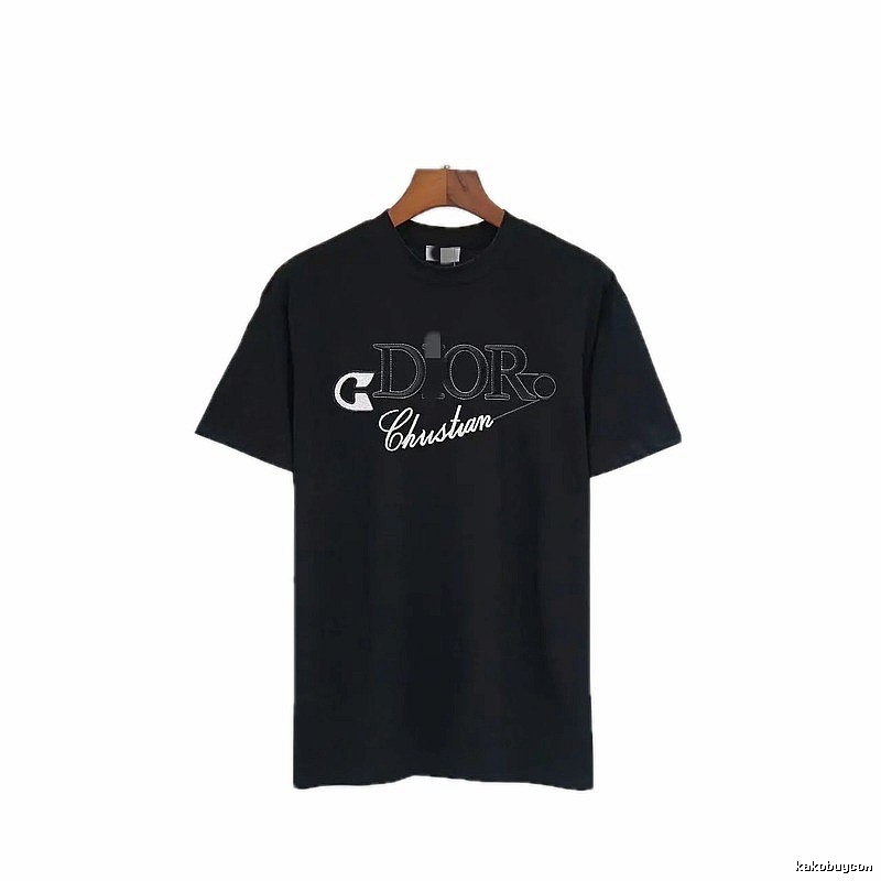 Dior Embroidered Casual Style Black Short-sleeve T-shirt