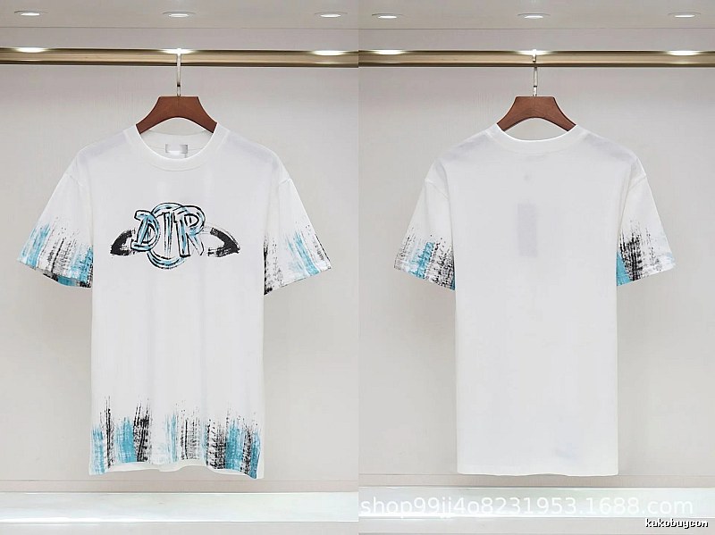 Dior Graffiti Collection Street Style White and Blue Short-sleeve T-shirt