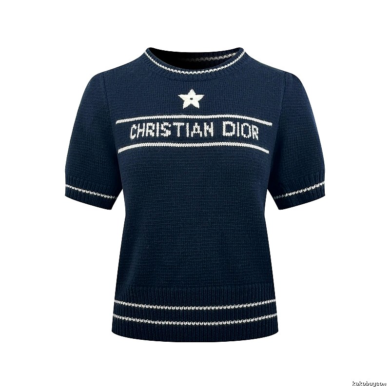Dior Short Sleeve Knit Sweater with Cream Trim and Star Detail