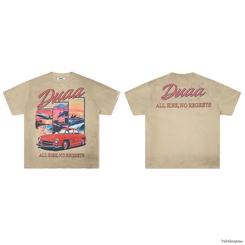 DUAA American Retro Sports Car Print Khaki T-shirt