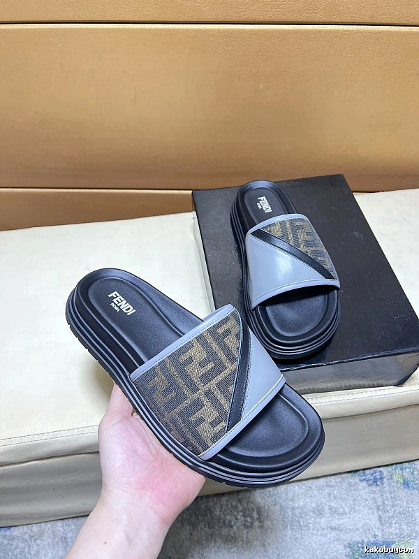 Fendi FF Monogram Casual Grey-Paneled Slides