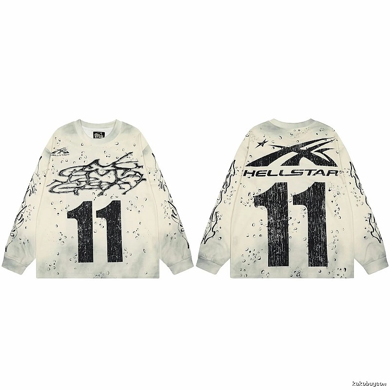 Hellstar No.11 Distressed Street Style Off-white Long Sleeve T-shirt