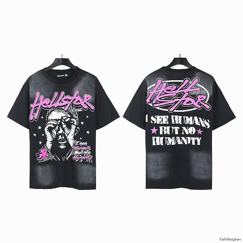 Hellstar Portrait Print Street Style Black and Pink Short-sleeve T-shirt