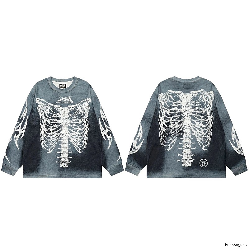 Hellstar Skull Print Street Style Vintage Grey Long Sleeve T-shirt