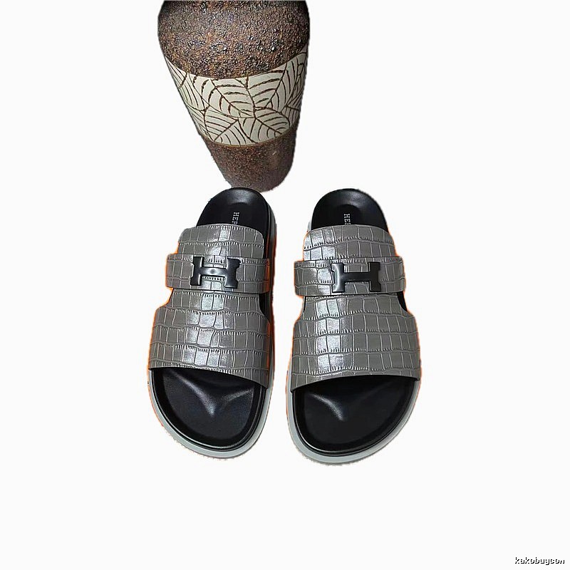 Hermès H-buckle Crocodile-Embossed Light Luxury Style Gray Slides
