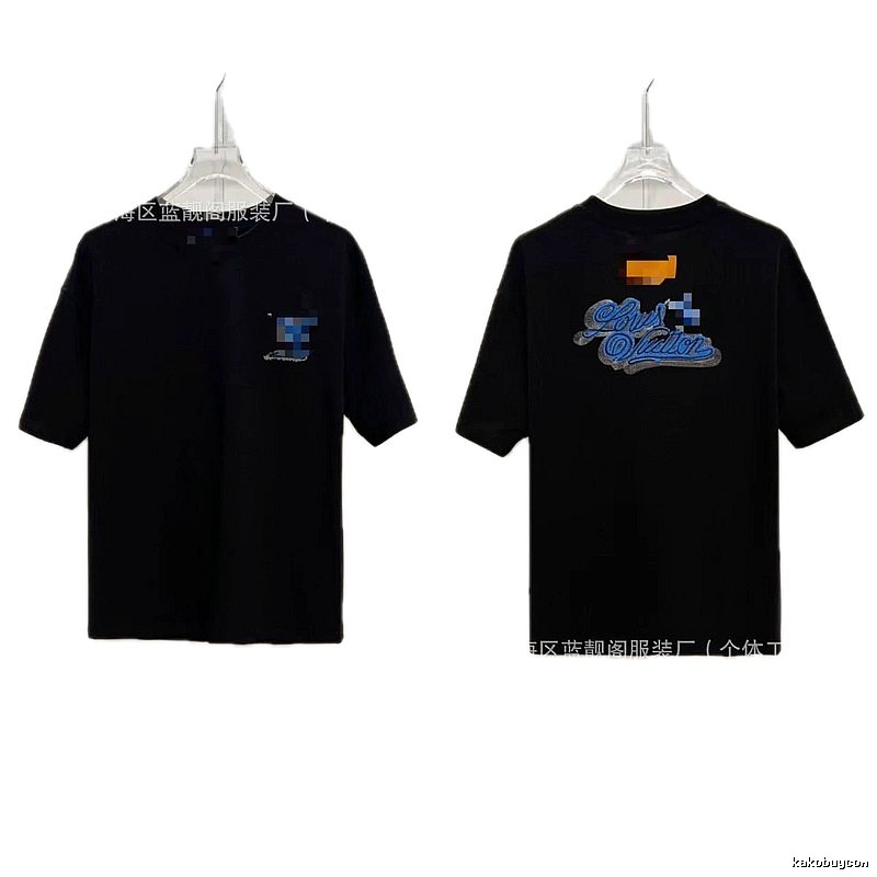 Louis Vuitton Embroidered Trendy Style Black T-Shirt