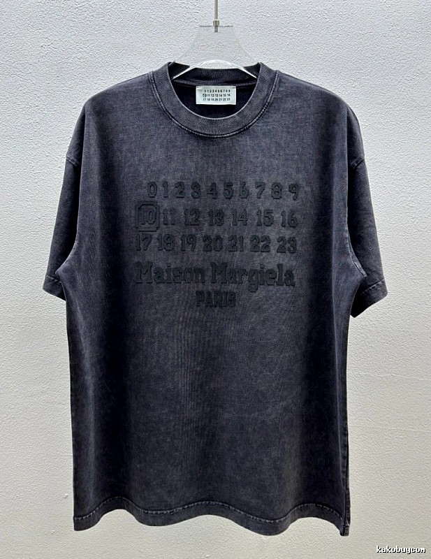 Maison Margiela Numbered Distressed Charcoal Gray Short Sleeve T-Shirt
