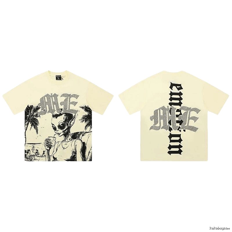 Mixed Emotion Alien Print Street Style Beige T-Shirt