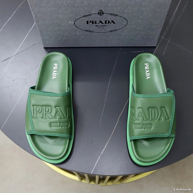 Prada Embossed Light Luxury Style Green Slide Sandals