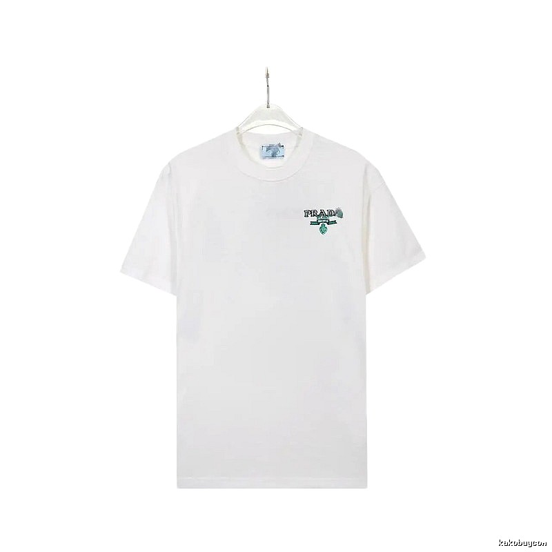 Prada Embroidered Minimalist Style White Short-sleeve T-shirt