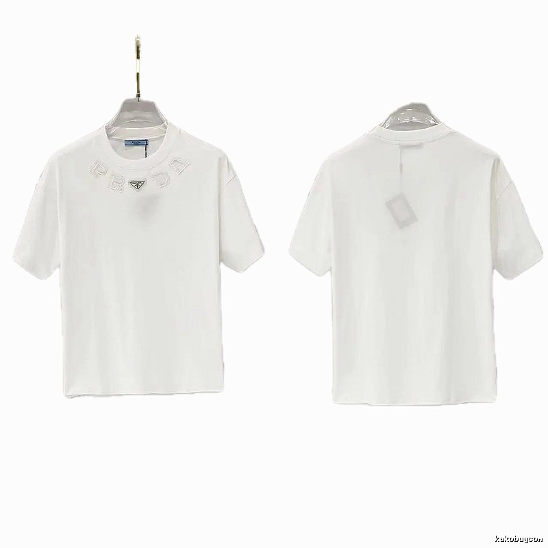 Prada Embroidered Minimalist Style White Short-sleeved T-shirt
