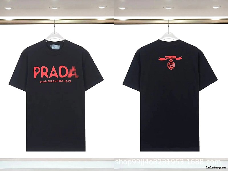 Prada Letter Print Trendy Cool Style Black Short-sleeve T-shirt