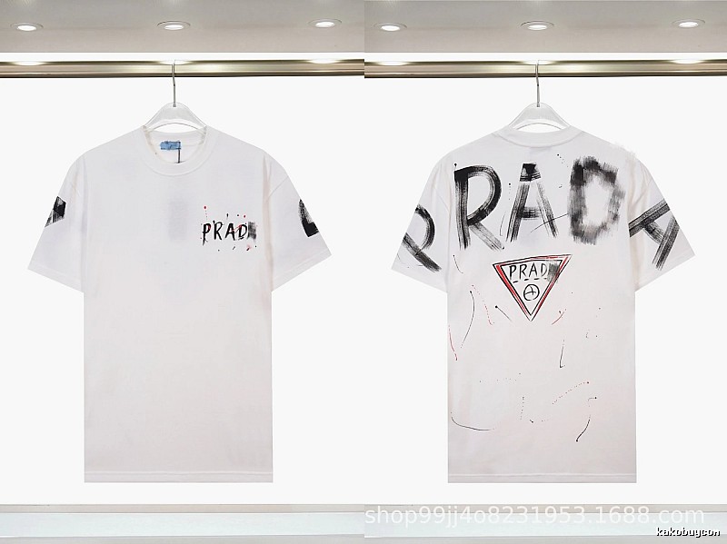 Prada Triangle Logo Graffiti Street Style White Short-sleeve T-shirt