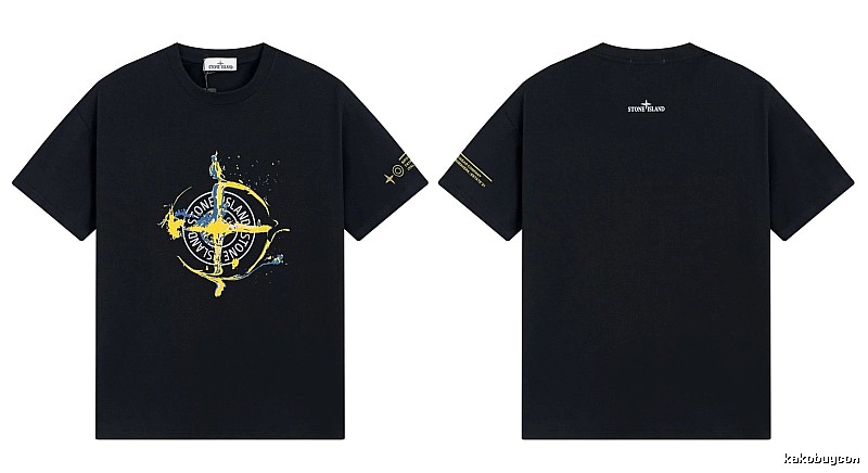 Stone Island Ink-splattered Street Style Black Short-sleeve T-shirt