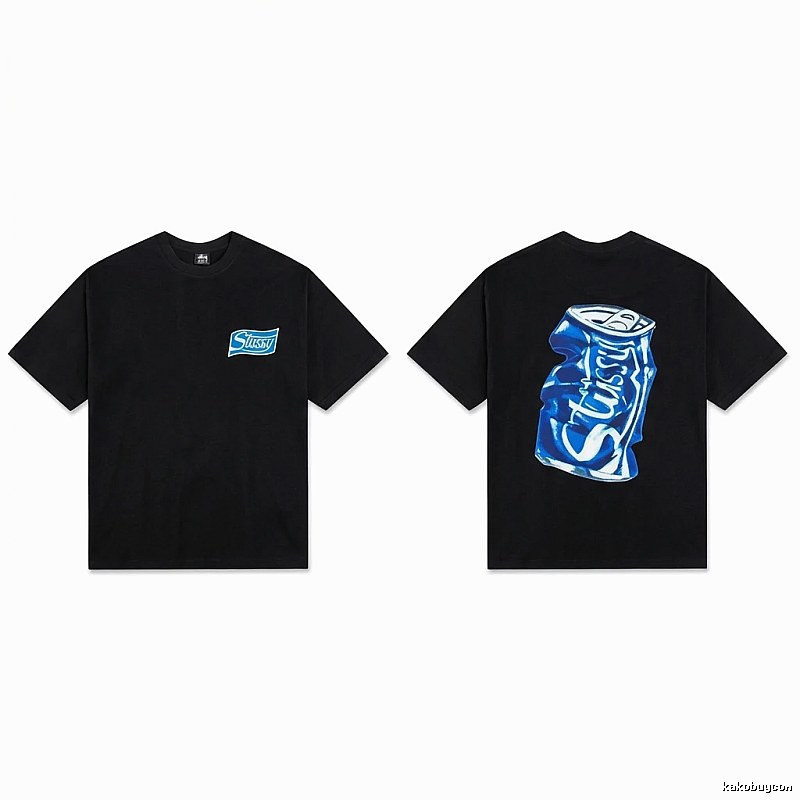 Stussy's black T-shirt with a can-style design