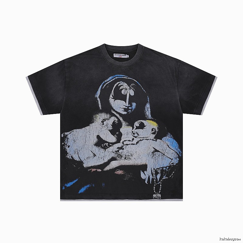 Valley Virgin Mary Print Vintage Distressed Black T-Shirt